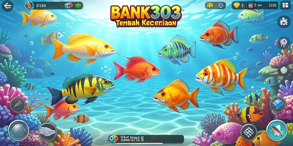 Screenshot utama BANK303 menunjukkan gameplay Tembak Ikan yang seru dan penuh warna.