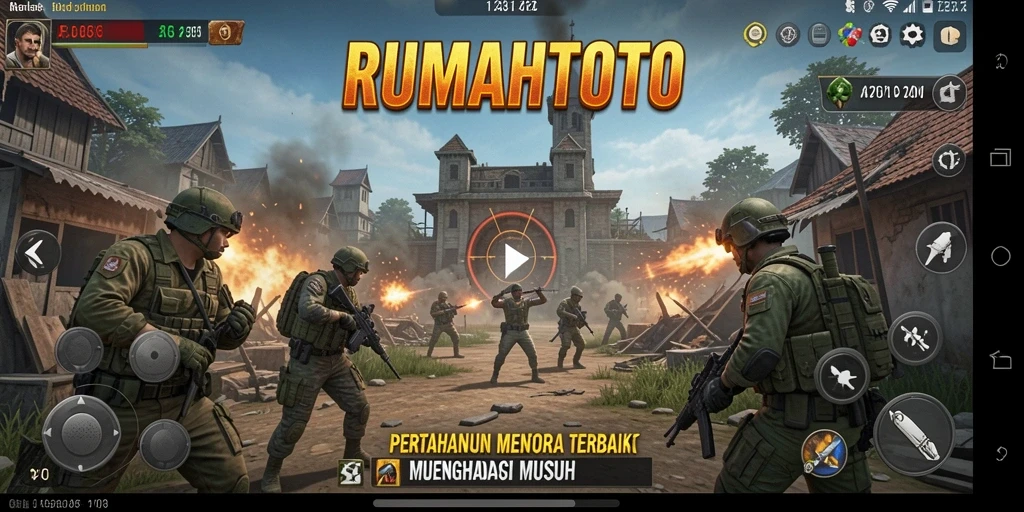 Tangkapan layar utama RUMAHTOTO menampilkan aksi gameplay Tower Defense yang mendebarkan.